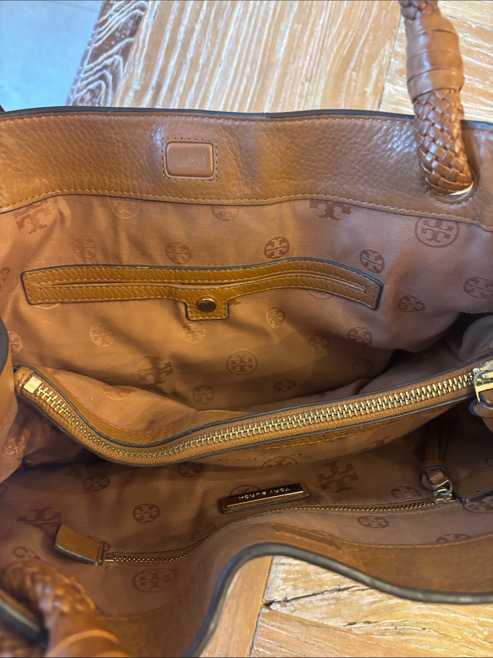 Tory Burch Cognac Braided-Handle Leather Shoulder Bag with Tassel - Picture 7 of 13